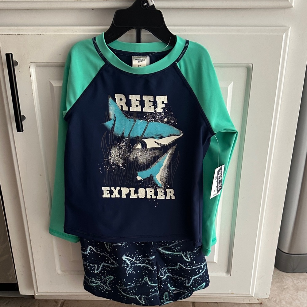 Reef Explorer Boys' Long-Sleeve Rash Guard Swim Set - Navy & Teal